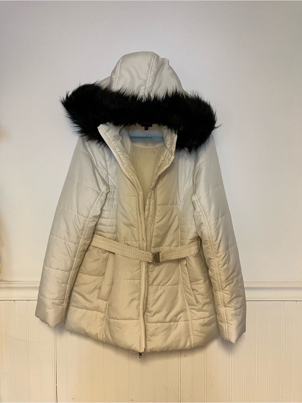 Rampage Cream Quilted Puffer Coat with Black Faux Fur Hood